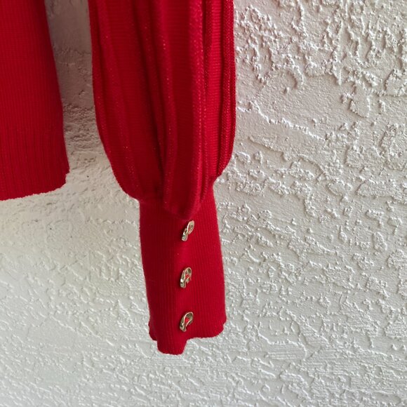 Nanette Lepore Red Sweater M NWT Mock Collar Ribbed Puff Sleeves Gold Metallic - Picture 9 of 9